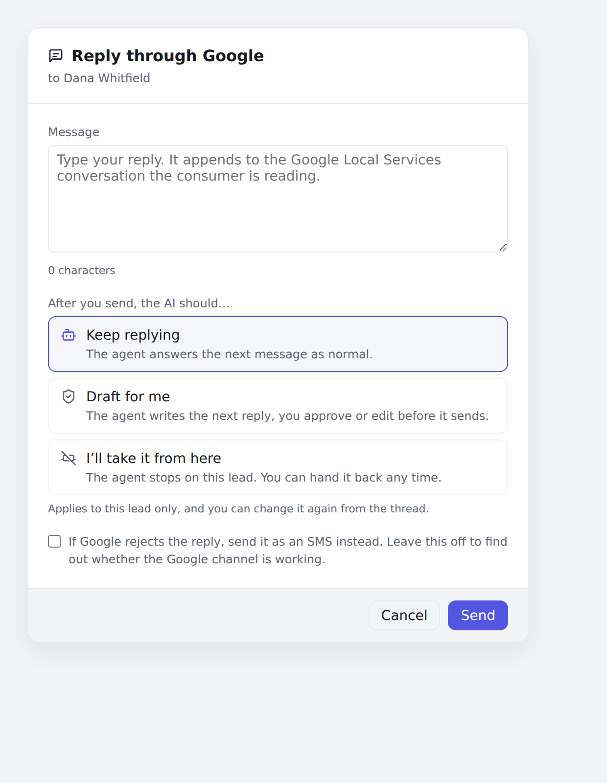 The Reply through Google panel, with the three choices for what the AI does next