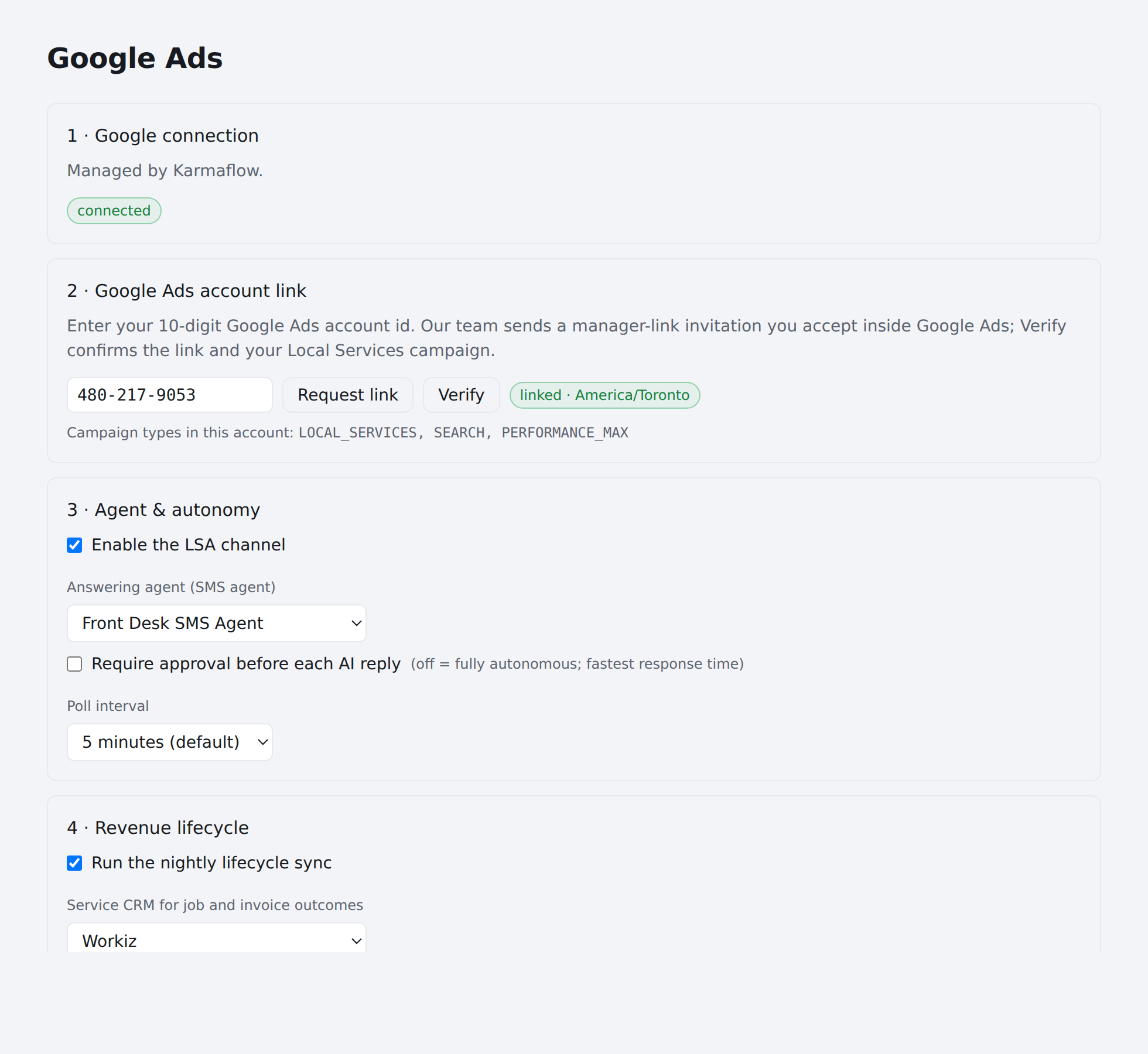 The Google Ads settings page, with all four setup sections and a linked account