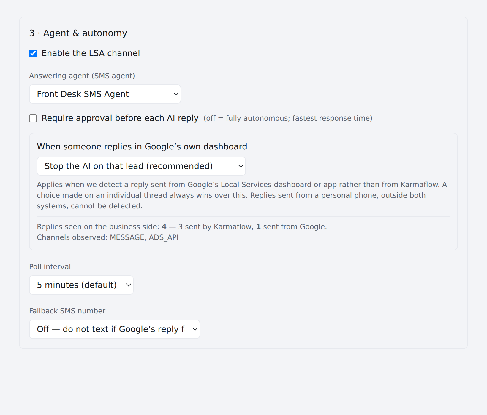 Agent and autonomy: the answering agent, the approval switch, the dashboard-reply policy and the poll interval