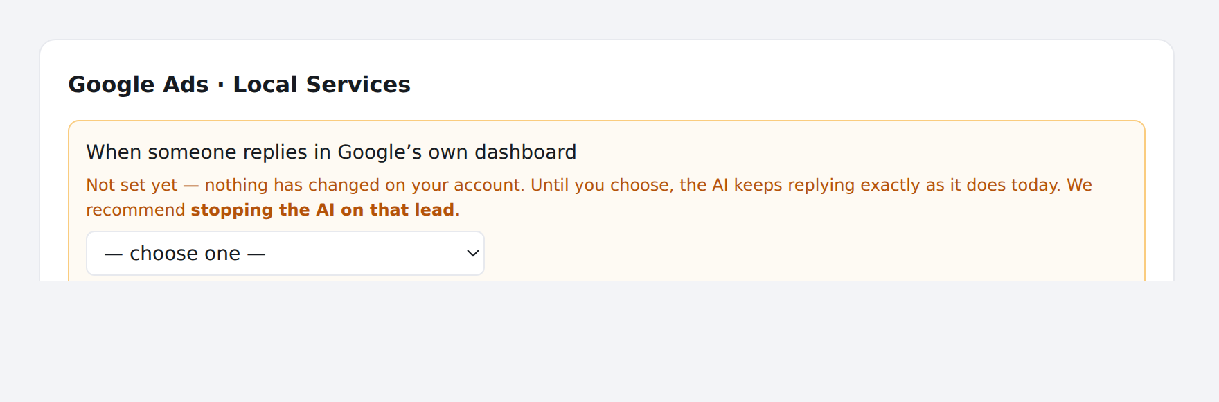 The dashboard-reply policy before anyone has chosen: nothing has changed, and a recommendation