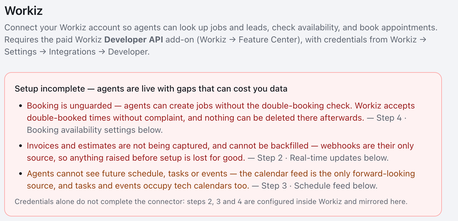 The readiness banner on an incomplete setup: it names what is off — booking unguarded, invoices not captured, no forward schedule — and which step clears each one.