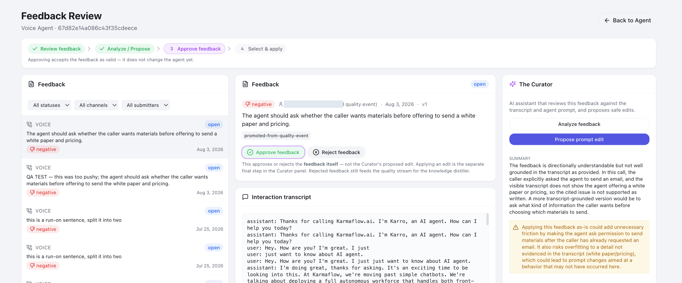 The Feedback Review page for a voice agent: the four-step strip — Review feedback, Analyze / Propose, Approve feedback, Select and apply — with the feedback list, the transcript, and the Curator panel offering Analyze feedback and Propose prompt edit.