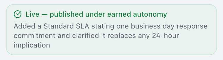 A green card reading "Live — published under earned autonomy" above a summary of the change that was made.