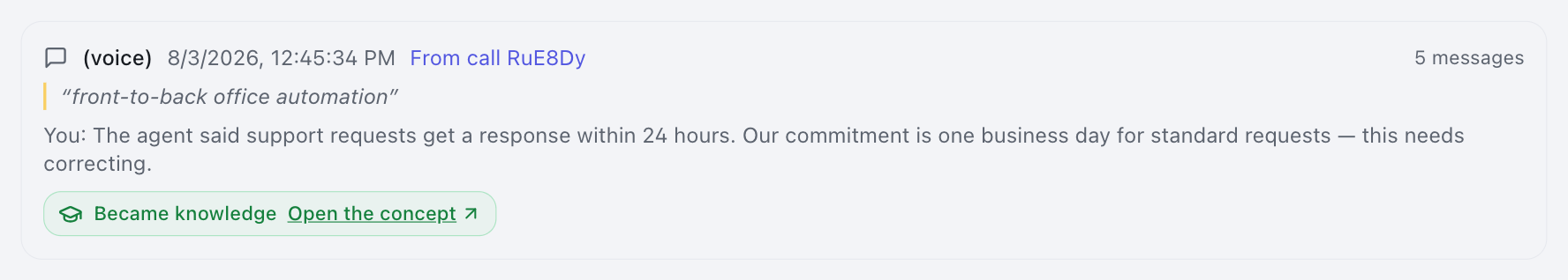 A Train the AI entry with a green "Became knowledge" badge and an "Open the concept" link.
