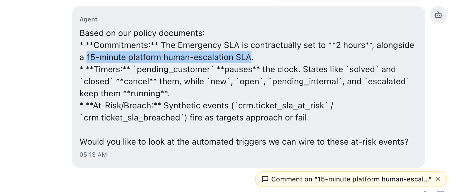 A chat session with a phrase in an AI message highlighted and an amber "Comment on …" chip beneath it.