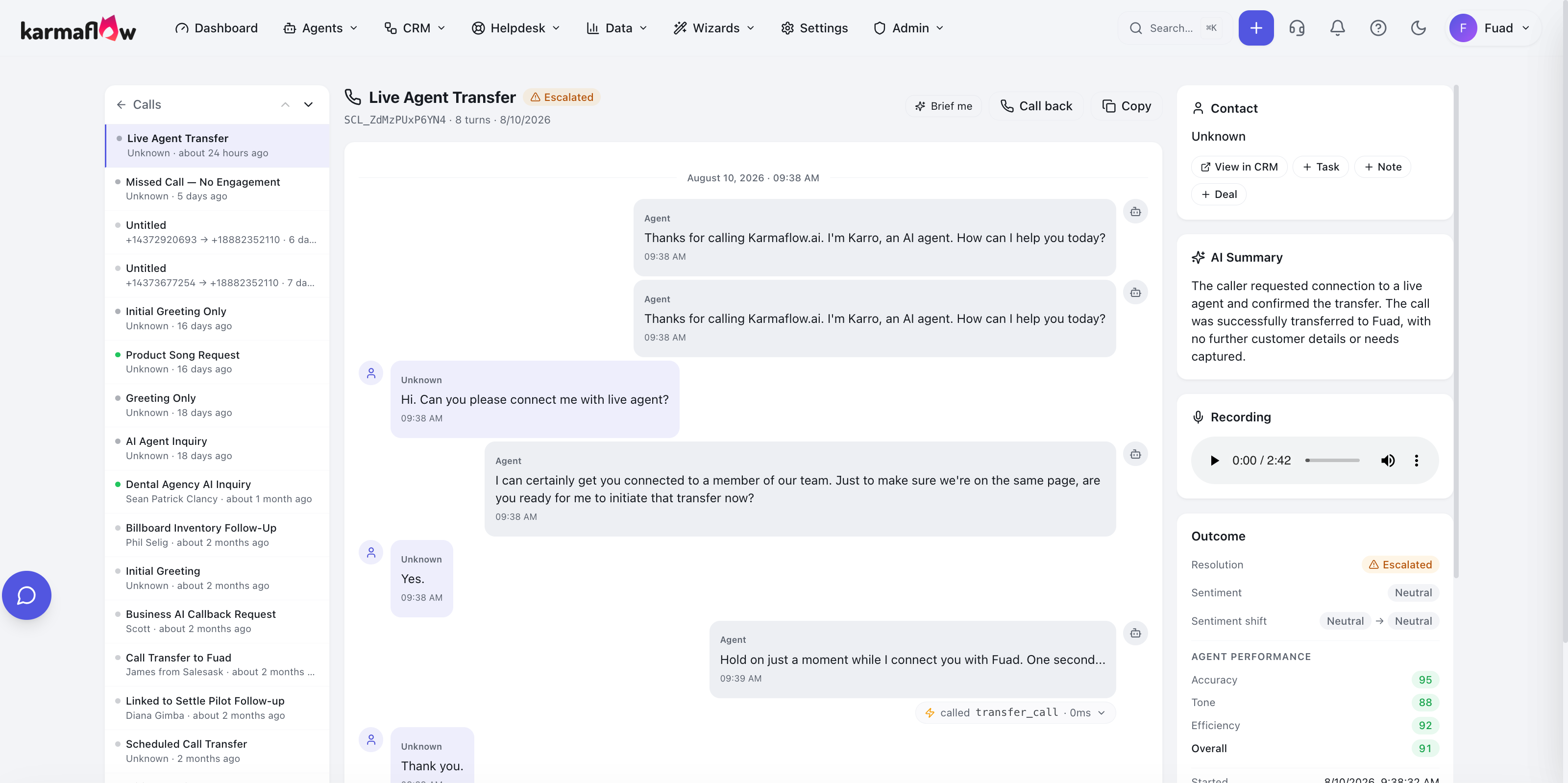 A voice call transcript with training switched off: the agent messages carry no thumbs-up, thumbs-down or comment control, and the Train button is gone from the header.