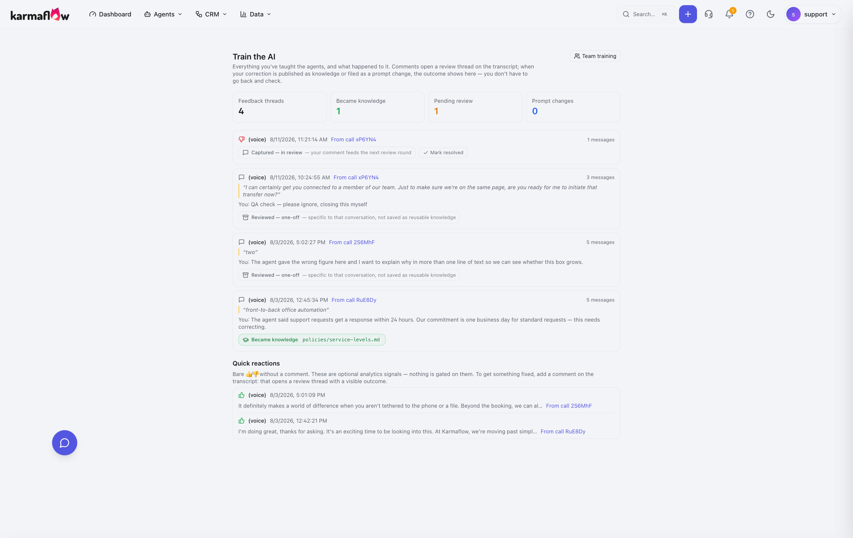 A team member's Train the AI page after the permission is granted, with a Team training link now present in the header.