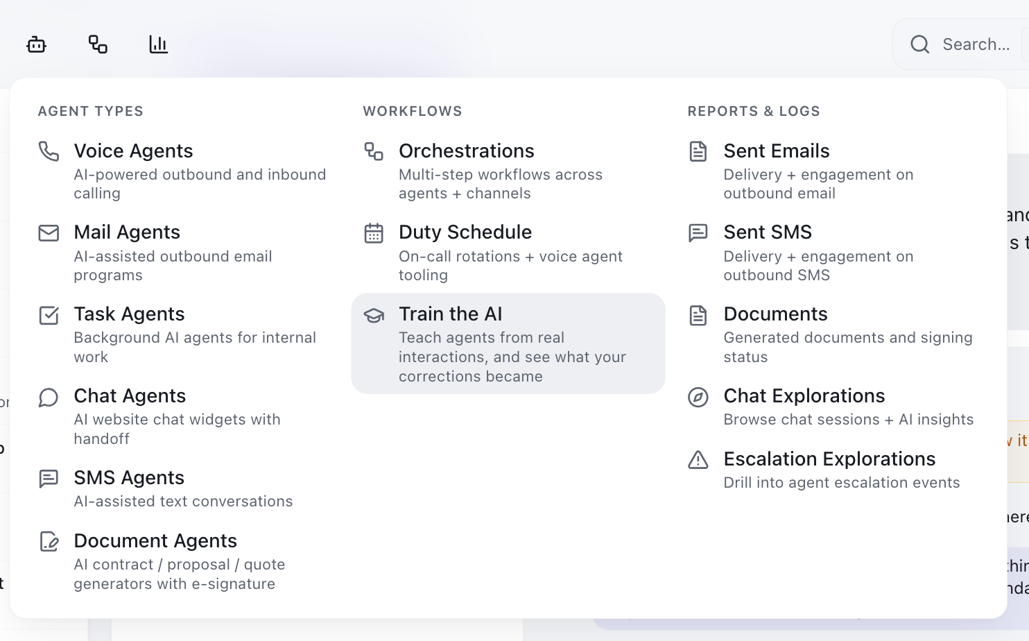 The KarmaFlow top navigation with the Agents menu open, showing "Train the AI" under the Workflows column.