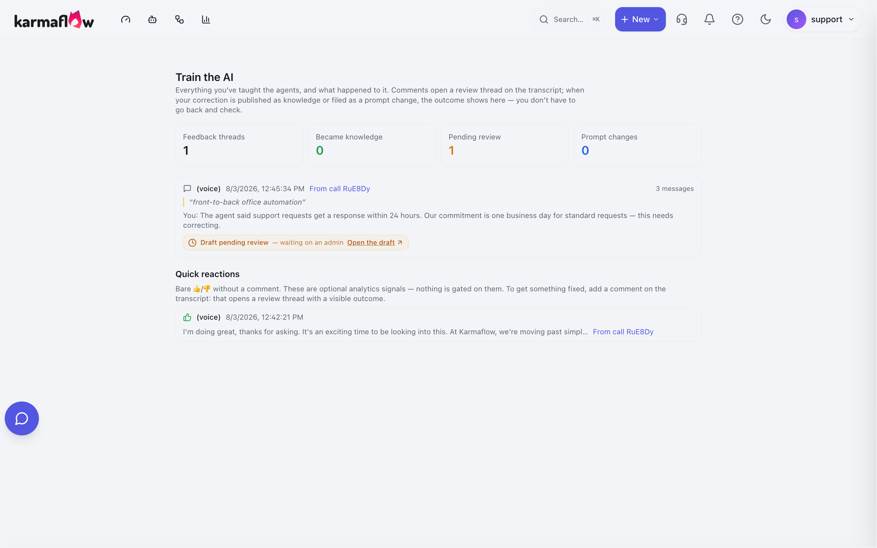The Train the AI page showing counters for feedback threads, became knowledge, pending review and prompt changes, with feedback entries below.