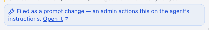A receipt showing the correction was filed as a prompt change for an admin to action.