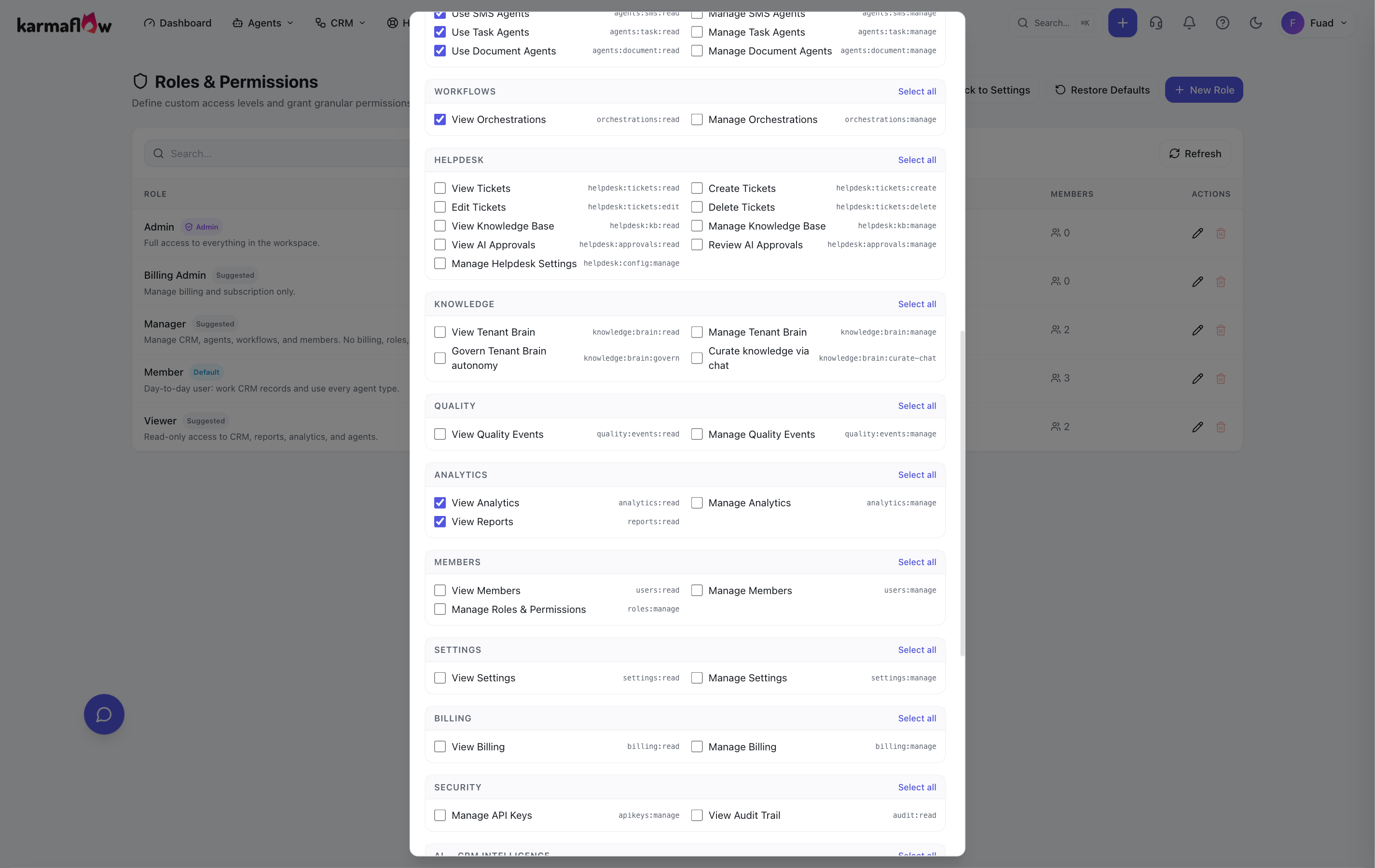 The role permission editor open on the Member role, showing the QUALITY section with View Quality Events and Manage Quality Events both unticked.