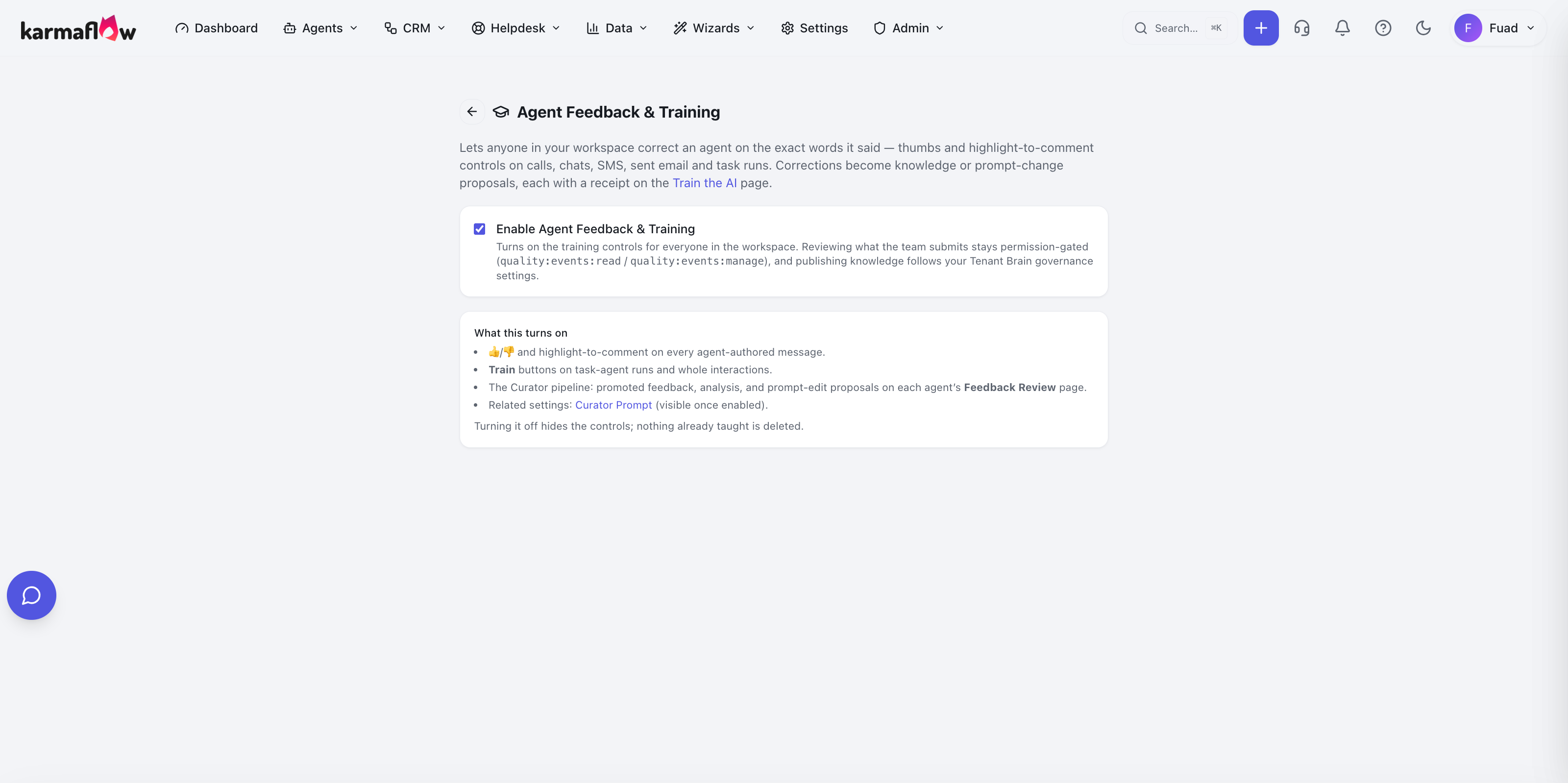 The Agent Feedback & Training settings page, with the Enable Agent Feedback & Training checkbox ticked, the explanatory sub-text, and the What this turns on list.