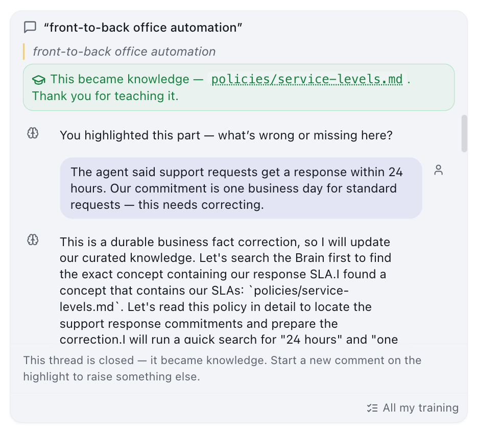 A feedback thread on a call transcript showing a green notice that the correction became knowledge, naming the concept, with the thread marked closed.