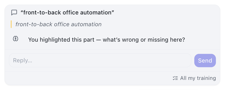 A feedback thread card quoting a phrase with the question "You highlighted this part — what's wrong or missing here?" above a reply box and Send button.