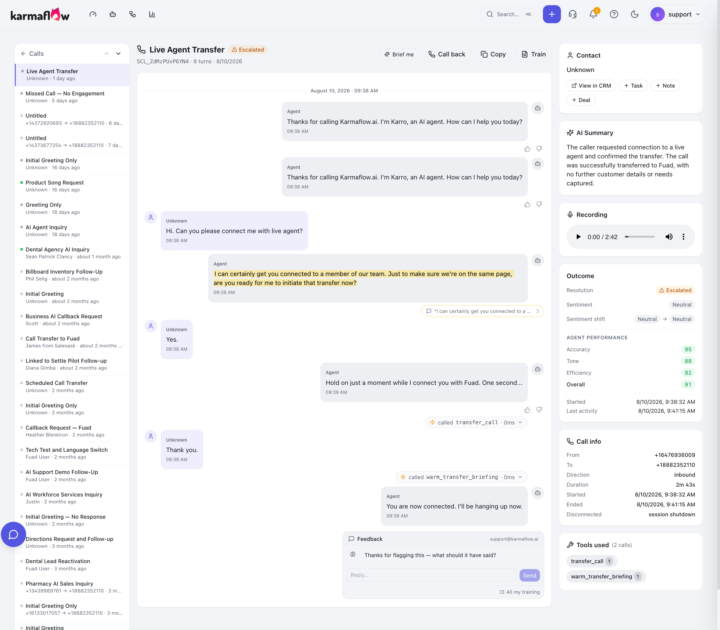 A feedback thread just opened from a thumbs-down, with the AI asking what the agent should have said and an empty reply box.