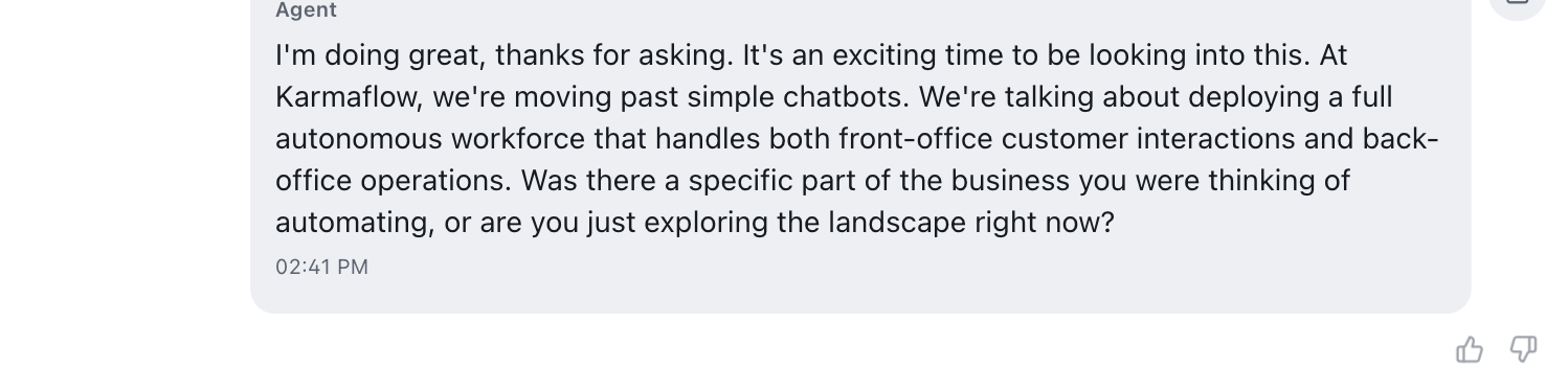 An AI message bubble with faint grey thumbs-up and thumbs-down icons below its right corner.