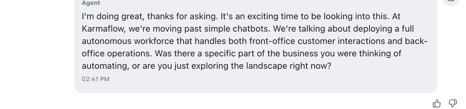 The same AI message bubble, with the thumbs-up and thumbs-down icons now in dark grey.