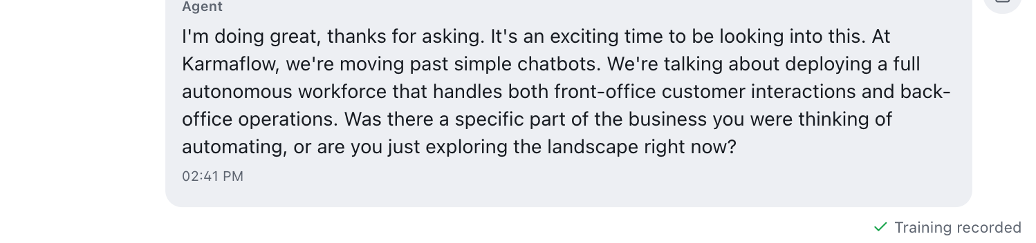 The same AI message with the thumb buttons replaced by a green check mark and the words "Training recorded".
