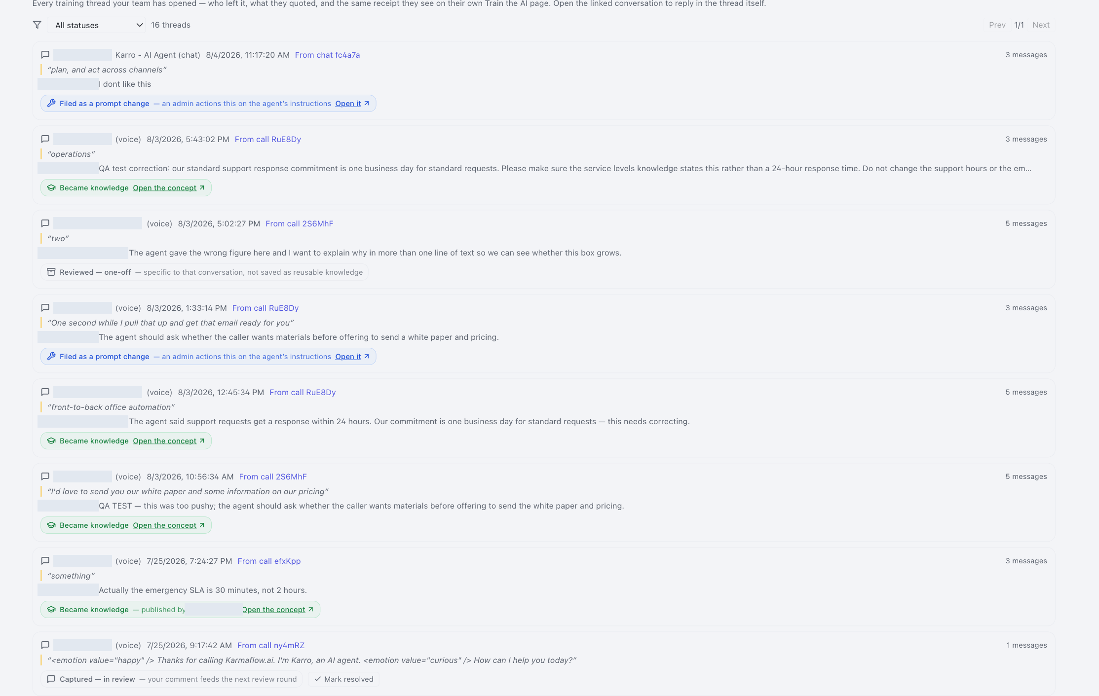 The Training threads tab filtered to all statuses: each row gives the submitter, channel, date, a link to the source conversation, the quoted agent phrase, the submitted comment and an outcome badge — Became knowledge, Filed as a prompt change or Captured — in review, the last of which also carries a Mark resolved button.
